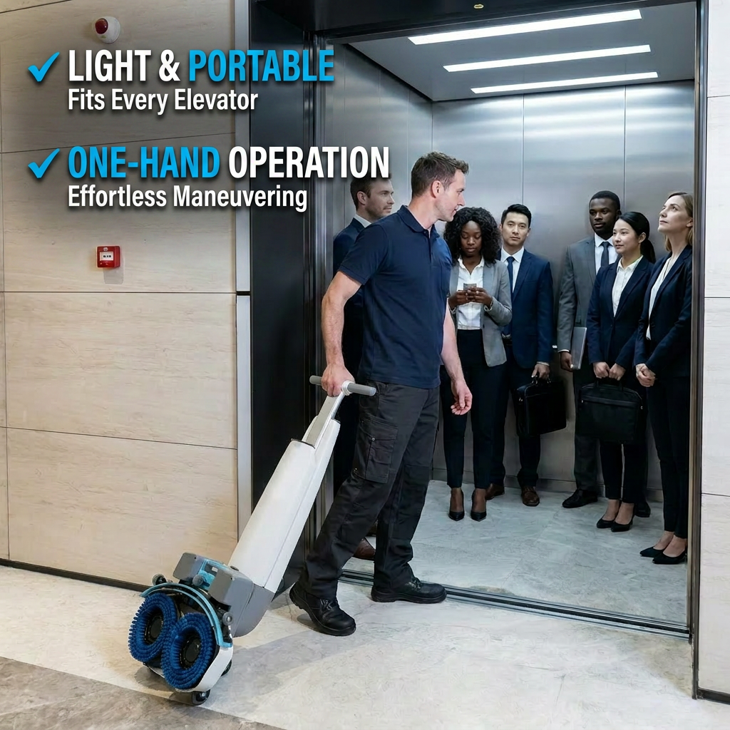 Q-mop entering an elevator