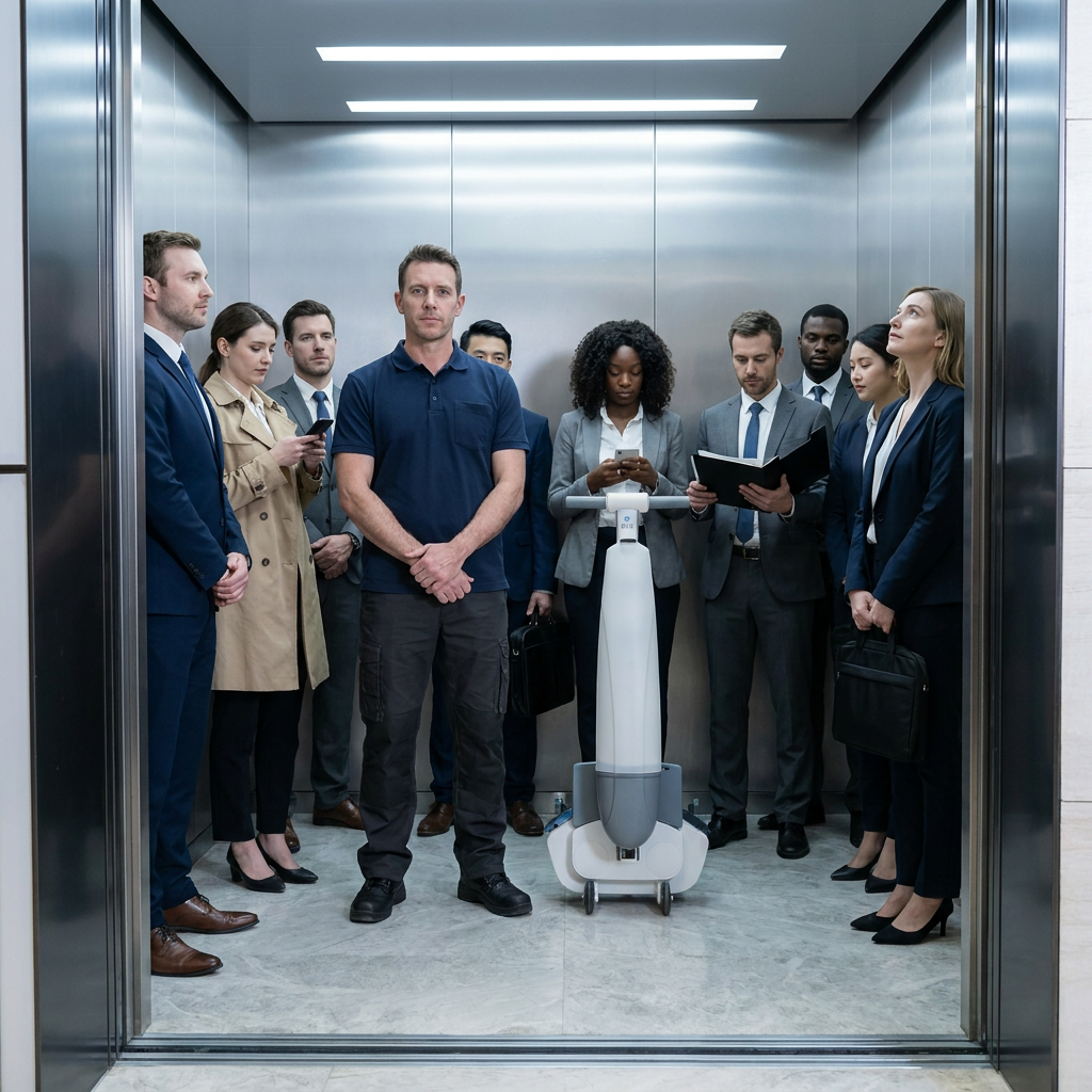 Q-mop in an elevator showing portable size