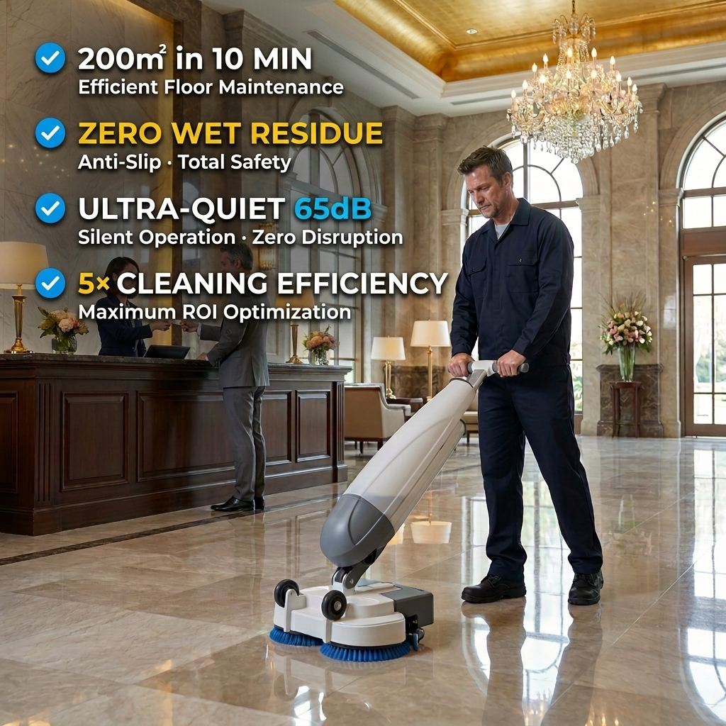 Q-mop cleaning a hotel lobby floor