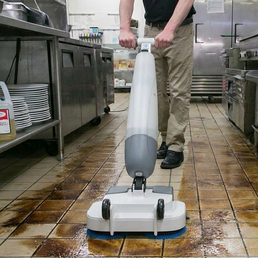 Q-mop cleaning a commercial kitchen floor