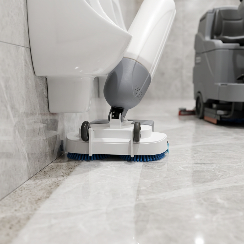 Q-mop cleaning close to washroom fixtures